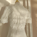 A line High Neckline Short Sleeves Lace White Party Dress Chiffon Holiday Dresses SD348