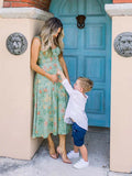 Green Floral Side Slit Ruffle Bow Flowy Back Zipper Photoshoot Baby Shower Maternity Maxi Dress Maternity
