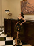 Sheath Straps Floral Chiffon Slit Long Prom Dresses Birthday Outfits SD408