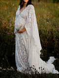 Floral Lace Backless Boho Baby Shower Flare Sleeve Pregnant Maternity Photoshoot Maxi Dress Maternity