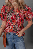 Print Split Neck Short Puff Sleeve Blouse DJPT