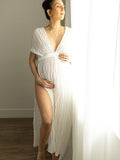 V-Neck Linen Cotton Bohemian Backless Thigh High Side Slits Tassel Vacation Photoshoot Maternity Maxi Dress Maternity