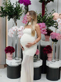 Sheer Mesh Ruched Bandeau Off Shoulder Long Sleeve Mermaid Elegant Cocktail Party Gown Maternity Photoshoot Baby Shower Maxi Dress Maternity
