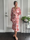 Pink Floral Smocked Mermaid Deep V-neck Lantern Sleeve Elegant Cocktail Party Maternity Photoshoot Baby Shower Maxi Dress Maternity