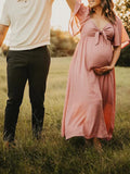 Bow Flutter Sleeve Solid V-neck Flowy Vacation Beach Cute Baby Shower Photoshoot Maternity Maxi Dress Maternity