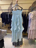 A line Halter Ruffled Floral Blue Summer Holiday Dress Women's Long Vacation Dresses S180