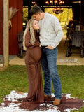 Solid Color Belt Splicing Ruched Draped Bodycon Mermaid Long Sleeve Going Out Photoshoot Maternity Maxi Dress Maternity