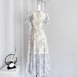 A line Strapless Short Sleeves Blue Floral Dress Long Holiday Dresses SD316