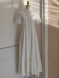 A line High Neckline Short Sleeves Lace White Party Dress Chiffon Holiday Dresses SD348