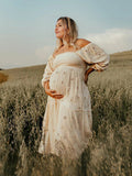 Apricot Daisy Print Smocked Off Shoulder Ruffle Big Swing Elegant Vacation Maternity Photoshoot Baby Shower Party Maxi Dress Maternity