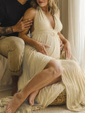 Solid Color Cut Out V-Neck Side Slit Backless Tassel Halter Neck Vacation Photoshoot Maternity Maxi Dress Maternity