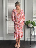 Pink Floral Smocked Mermaid Deep V-neck Lantern Sleeve Elegant Cocktail Party Maternity Photoshoot Baby Shower Maxi Dress Maternity