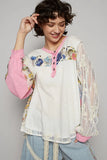 Button Detail Floral Patchwork Crochet Sleeve Blouse DJPT