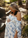Blue Floral Ruched Off Shoulder A-line Puff Sleeve Sweet Going Out Maternity Photoshoot Baby Shower Mini Dress Maternity