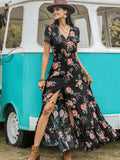 Printed V-Neck Short Sleeve Dress DJPT