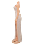 Rose Gold Glitter Sparkly Backless Slit Tie Back Photoshoot Party Maternity Maxi Dress Maternity