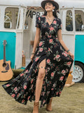 Printed V-Neck Short Sleeve Dress DJPT