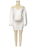 White Off Shoulder Backless V-Neck Lantern Sleeve Bodycon Party Cute Baby Shower Maternity Mini Dress Maternity