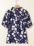 Print Frilled Puff Sleeve V Neck Blouse DJPT
