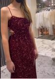 Mermaid Spaghetti Straps Burgundy Sequin Prom Dresses Party Dress SD1316 HZ0628