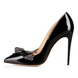 Women's High-Heeled Shoes Hot Bows Decorated Pointed Black Patent Leather Single Shoes White Wedding Shoes Chengdu High Quality Shoes