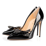 Women's High-Heeled Shoes Hot Bows Decorated Pointed Black Patent Leather Single Shoes White Wedding Shoes Chengdu High Quality Shoes