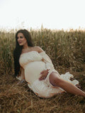 Flowy Off Shoulder Ruffle Falbala Side Slit Big Swing Lantern Sleeve Elegant Holiday Vacation Boho Maternity Photoshoot Baby Shower Maxi Dress Maternity