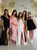 Pink Off Shoulder Bandeau Ribbed Pleated Bodycon Puff Sleeve Evening Gown Baby Shower Maternity Maxi Dress Maternity