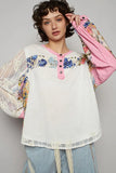 Button Detail Floral Patchwork Crochet Sleeve Blouse DJPT