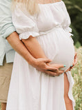 Solid Color Off Shoulder Backless Ruffle Crop Side Slit 2-in-1 Photoshoot Maternity Maxi Dress Maternity