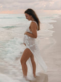 Cut Out Lace Patchwork V-Neck Sheer Side Slit Sleeveless Photoshoot Maternity Maxi Dress Maternity