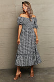 Floral Lace-Up Off-Shoulder Midi Dress DJPT