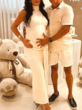 Beige Ruched Wrap Draped High Neck Sleeveless Bodycon Chic Going Out Maternity Photoshoot Baby Shower Maxi Dress Maternity
