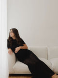 Sheer Mesh Ruched Bandeau Off Shoulder Long Sleeve Mermaid Elegant Cocktail Party Gown Maternity Photoshoot Baby Shower Maxi Dress Maternity