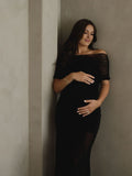 Sheer Mesh Ruched Bandeau Off Shoulder Long Sleeve Mermaid Elegant Cocktail Party Gown Maternity Photoshoot Baby Shower Maxi Dress Maternity