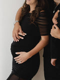 Sheer Mesh Ruched Bandeau Off Shoulder Long Sleeve Mermaid Elegant Cocktail Party Gown Maternity Photoshoot Baby Shower Maxi Dress Maternity