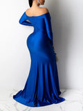 Blue Off Shoulder Long Sleeve High Split Bodycon Solid Baby Shower Party Gown Maternity Maxi Dress Maternity
