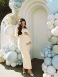 Beige Lace Off Shoulder Ruffle Falbala Bodycon Elegant Maternity Baby Shower Maxi Dress Maternity