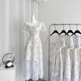 A line Strapless Short Sleeves Blue Floral Dress Long Holiday Dresses SD316