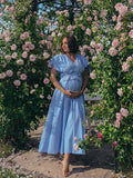 Blue 3D Flowers Fleated Drawstring Big Swing Deep V-neck Elegant Holiday Vacation Maternity Photoshoot Baby Shower Maxi Dress Maternity