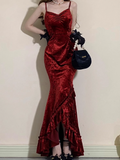 Mermaid Irregular Ruffled Spaghetti Straps Women's Burgundy Birthday Outfits Party Dresses SD458