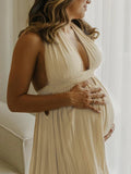 Solid Color Cut Out V-Neck Side Slit Backless Tassel Halter Neck Vacation Photoshoot Maternity Maxi Dress Maternity