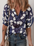Print Frilled Puff Sleeve V Neck Blouse DJPT