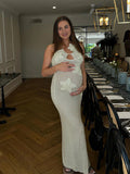 Crochet Hollow Out 3D Flowes Cut Out Halter Neck Cami Bodycon Elegant Baby Moon Beach Maternity Photoshoot Baby Shower Maxi Dress Maternity