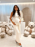 Beige Ruched Wrap Draped High Neck Sleeveless Bodycon Chic Going Out Maternity Photoshoot Baby Shower Maxi Dress Maternity