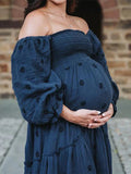 Sun Flowers Square Smocked Neck Puff Sleeve Big Swing Flowy Baby Shower Photoshoot Maternity Maxi Dress Maternity