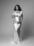 White One Off Shoulder Silk Satin Backless Mermaid Photoshoot Evening Gown Baby Shower Maternity Maxi Dress Maternity
