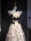 Ball Gown Square Neckline Floral Ivory Lace Party Dresses Birthday Outfits With Black Bowknots SD450