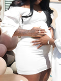White Off Shoulder Backless V-Neck Lantern Sleeve Bodycon Party Cute Baby Shower Maternity Mini Dress Maternity