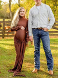 Solid Color Belt Splicing Ruched Draped Bodycon Mermaid Long Sleeve Going Out Photoshoot Maternity Maxi Dress Maternity